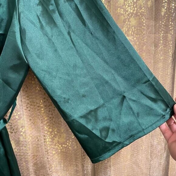 Adome Dark Emerald Green Short Satin Silky Kimono Robe, Large - Picture 2 of 8